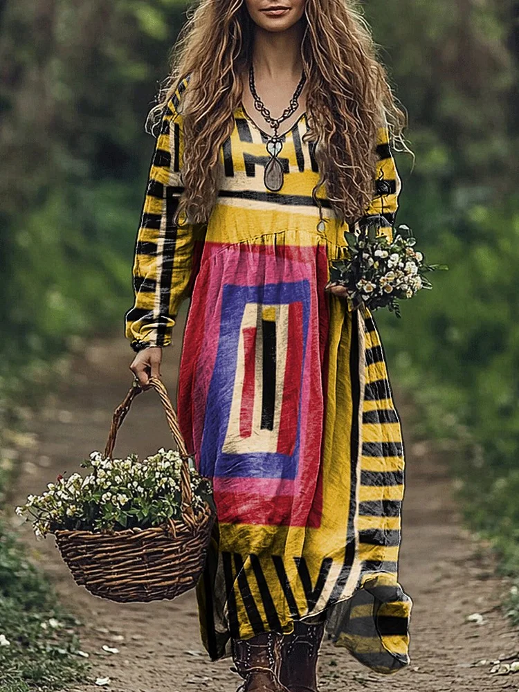 Women's Yellow Color-block Abstract Figure Print Pocket Cotton Dress