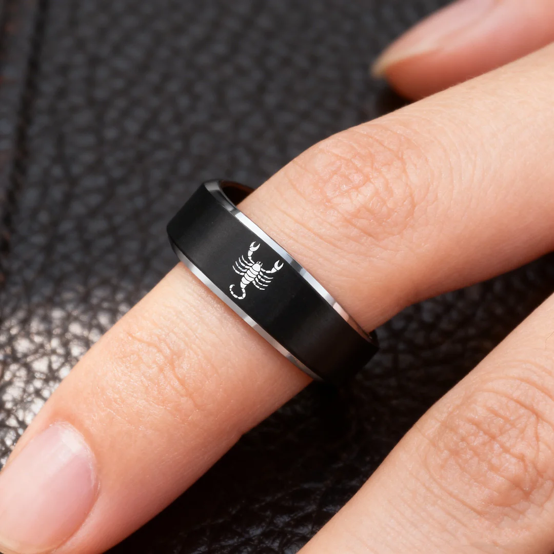 Black Scorpio Tungsten Wedding Bands Beveled Edges Black Laser Etched Couple Tungsten Carbide Rings 4MM 6MM 8MM Width