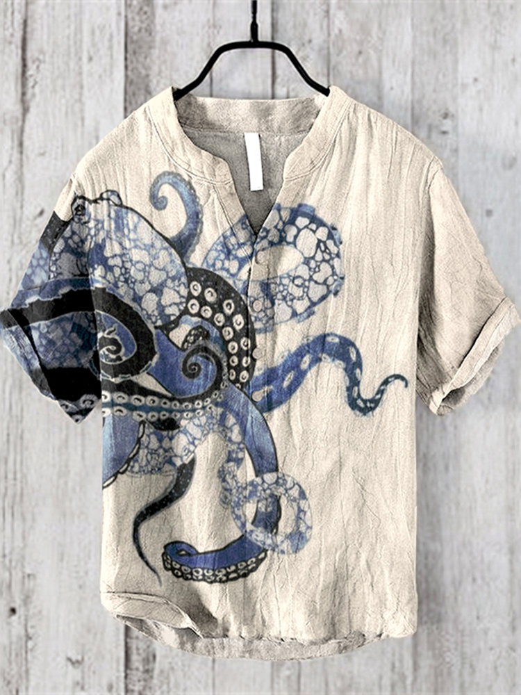 Comstylish Japanese Art Sea Octopus Graphic Linen Blend Shirt