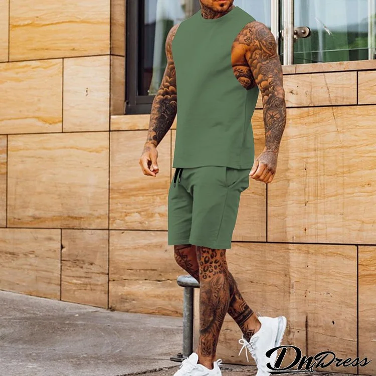 Men Fashion Solid Color Breathable Loose Sports Vest And Shorts Two-Piece Set