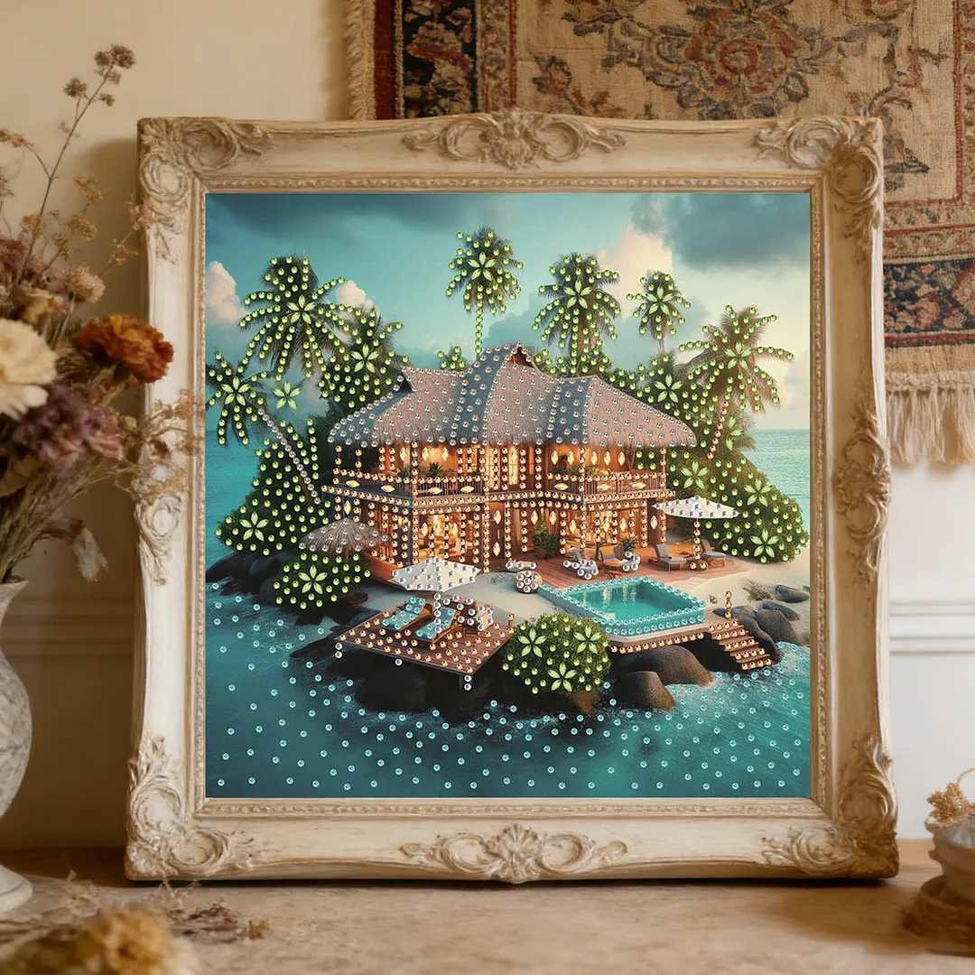 Tropical Beach Villa Special Shaped DIY Partial Drill Diamond Painting Kits for Adults Beginners Home Decor Diamonds Paintings Gem Art 30x30cm