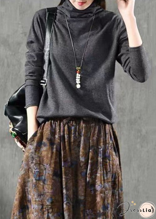 Grey Patchwork Loose Knitting Cotton Tops Turtleneck Fall