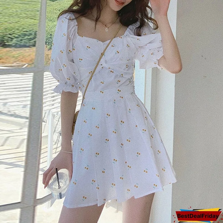 Summer Women's Sexy Low-Cut Puff Sleeve Floral Print White Mini Dress Plus Size Korean Fashion Short Pleated Dress