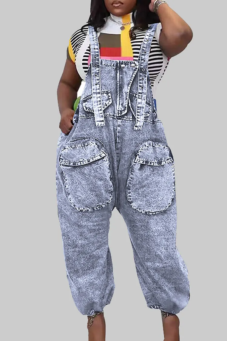Casual Solid Patchwork Pocket Buttons Sleeveless High Waist Loose Denim Jumpsuits