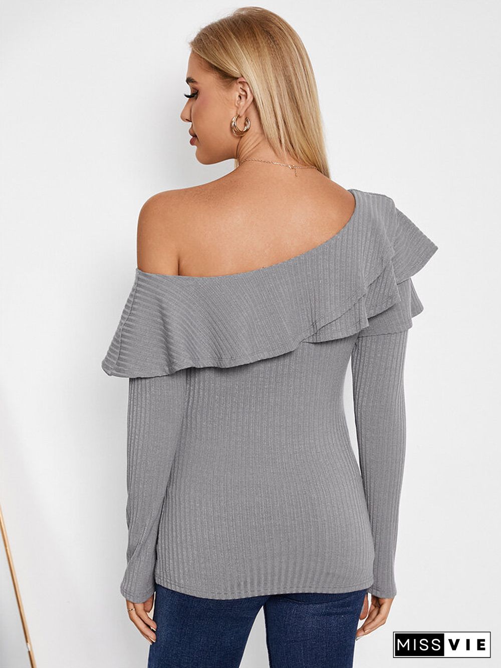 Solid Long Sleeve Off Shoulder Ruffle Knit T-shirt For Women