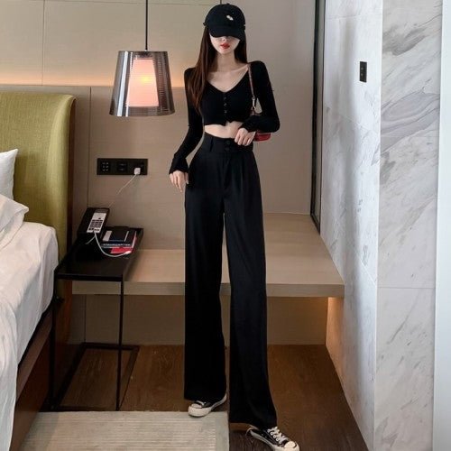 New Womens Casual Pants Loose Style Stright Suit Pants High Waist Chic Office Ladies Pants Trousers Streetwear Female Pants - BlackFridayBuys