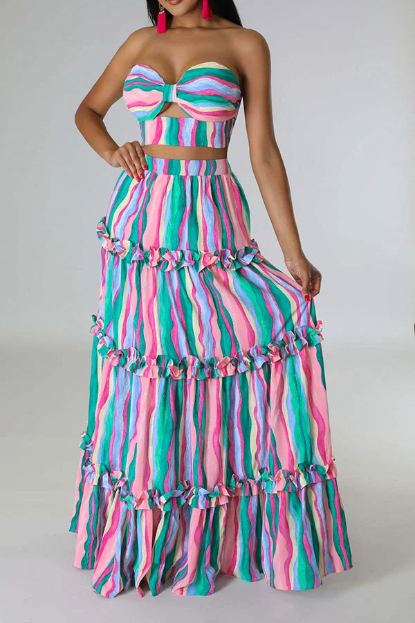 Rainbow Stripe Flattering Tiered Ruffle Dress Suit