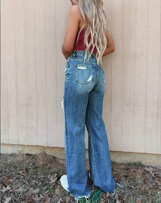 Women High Waist Loose Casual Ripped Hole Straight Pants Autumn New Drop Shipping Jean
