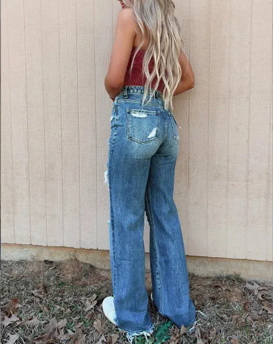 Women High Waist Loose Casual Ripped Hole Straight Pants Autumn New Drop Shipping Jean