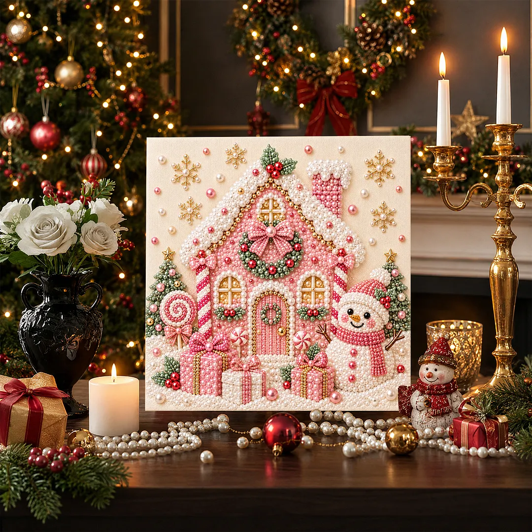 Framed Pearl Painting Kit Christmas Snowman Cottage 7.87x7.87in