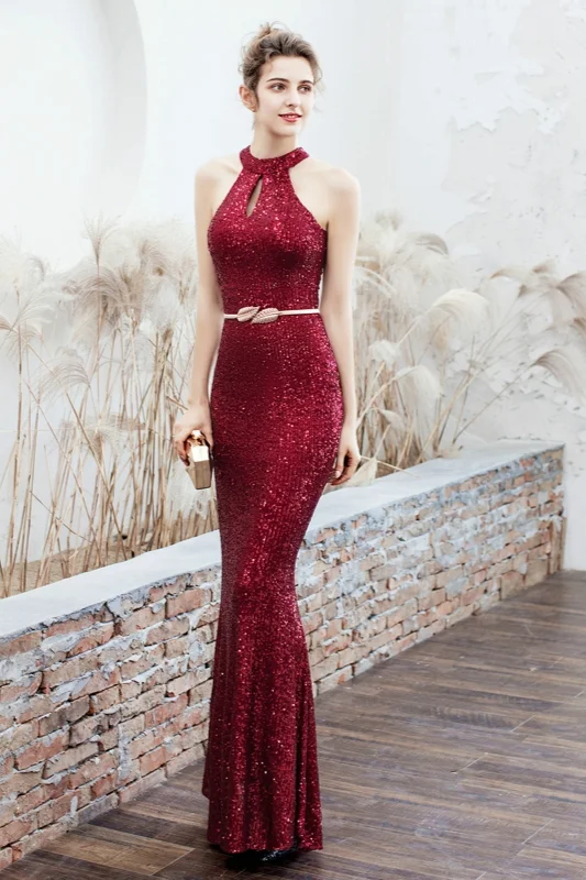 Gorgeous Halter Keyhole Prom Dresses Mermaid Sequins Evening Gowns On Sale