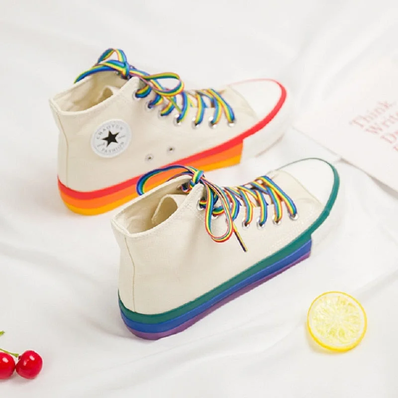 SWYIVY Rainbow Bottom Casual Shoes Woman High Top Sneakers Cavans 2020 Spring Female Casual Shoes White Canvas Sneakers Oman