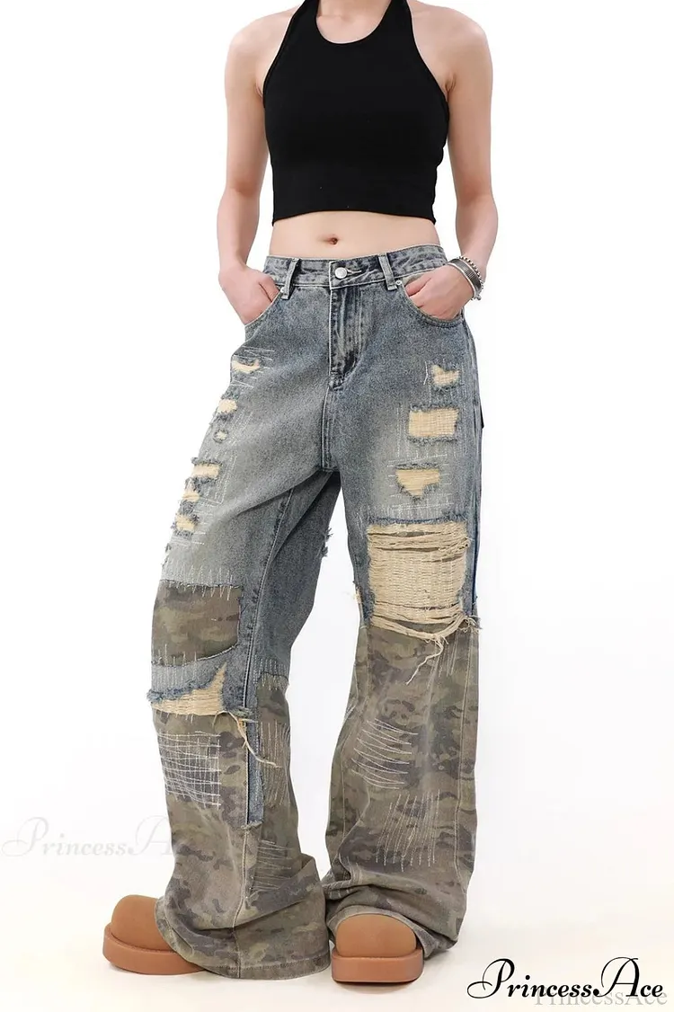 Camouflage Patchwork Distressed Wide Jeans