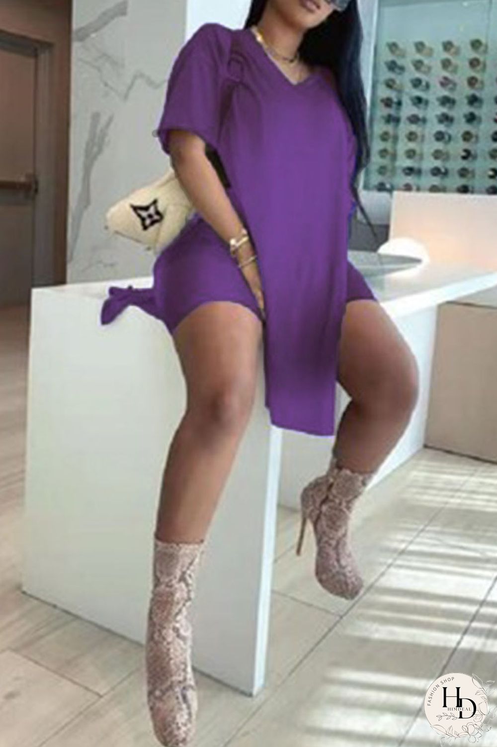 Rose Red Sweet Solid Slit V Neck Plus Size Two Pieces