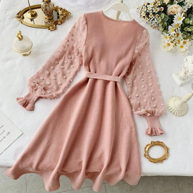 Romantic Women Knitted Pink Party Dress 2020 Fall Winter V Neck Elegant Chiffon Long Sleeve Sashes Dress Ladies Dress