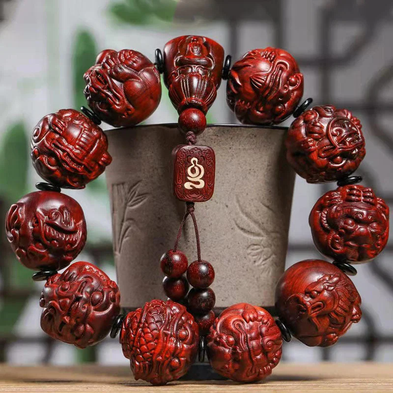 Tibetan Buddhist Red Sandalwood Carving Beads Bracelet 25mm