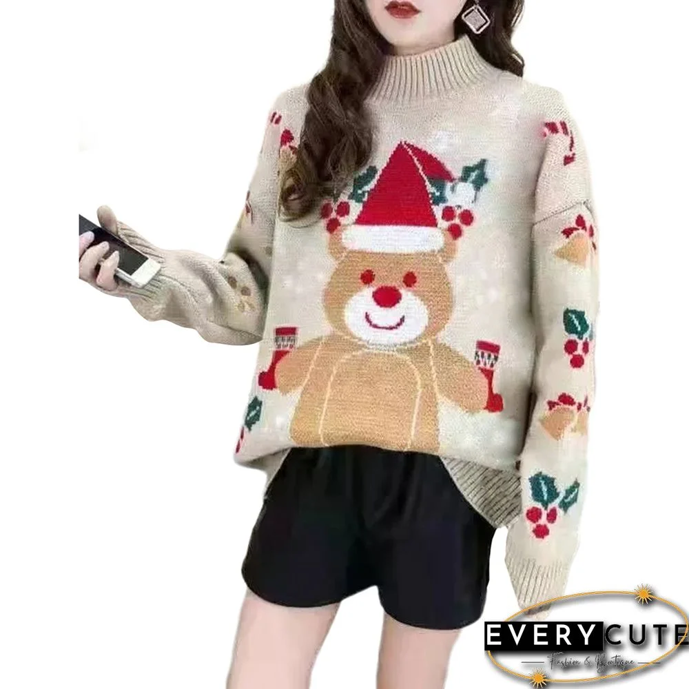 Khaki Christmas Panda Pattern Crew Neck Knit Sweater