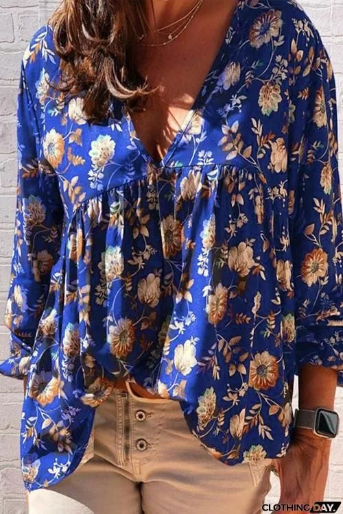 Floral Print V Neck Loose Blouse