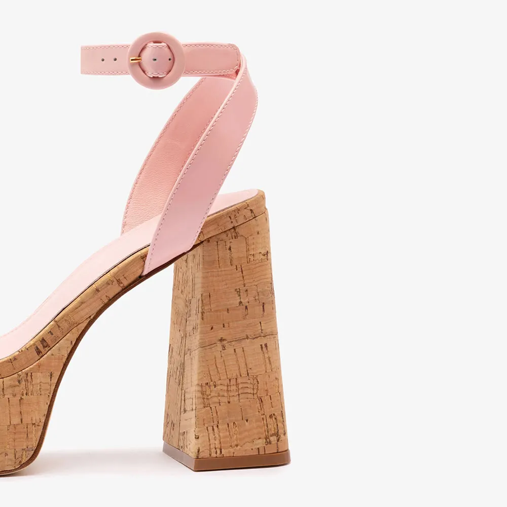 Patent Leather Round Toe Chunky Heel Wide Strap Platform Pink Sandals