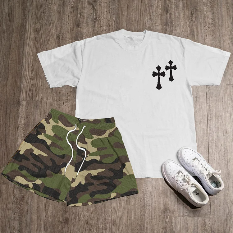 Camouflage & Cross Print T-Shirt Shorts Two-Piece Set