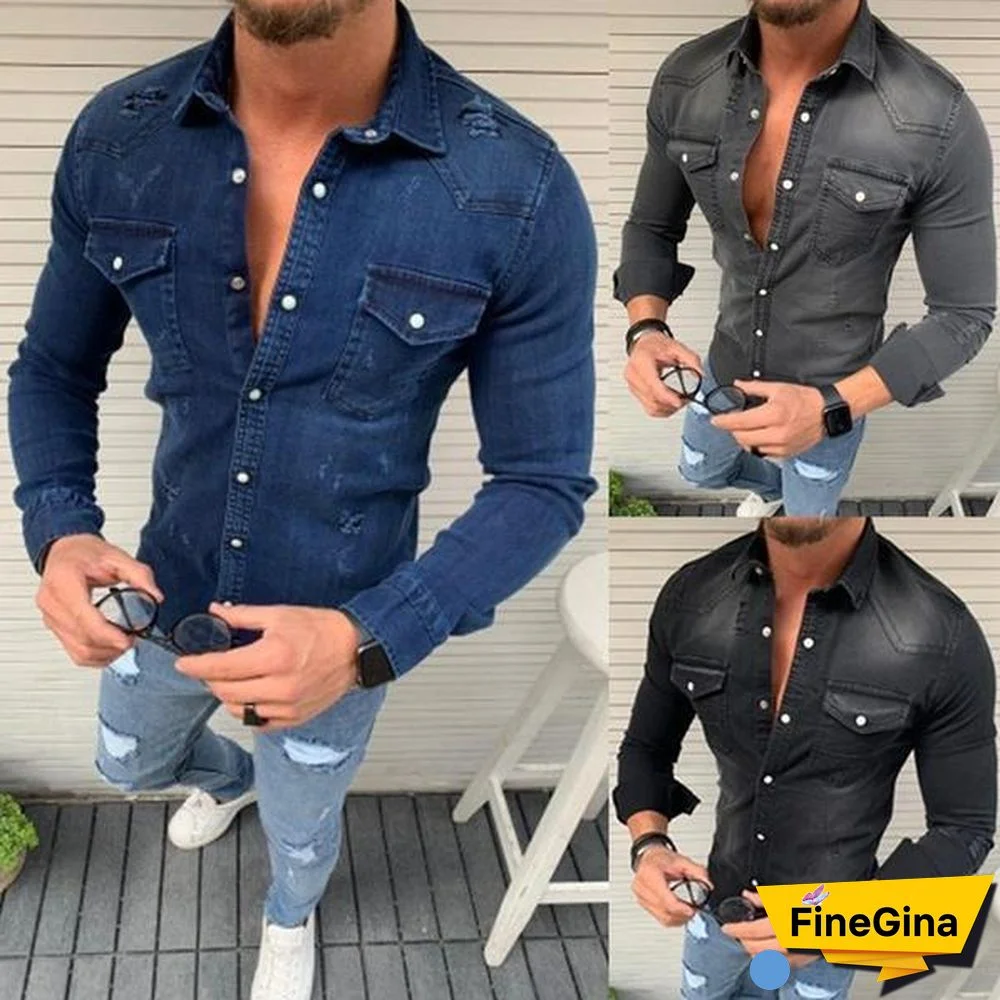 Casual Long Sleeve Lapel Jeans Tops