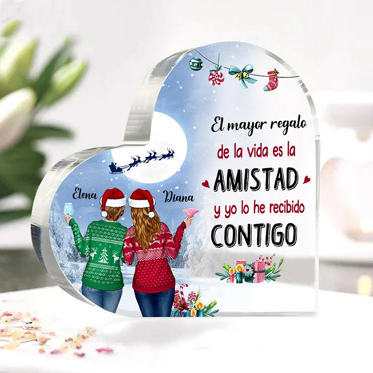 Navidad-Placa de acrílico en forma de corazón para amiga con 2 nombres personalizados