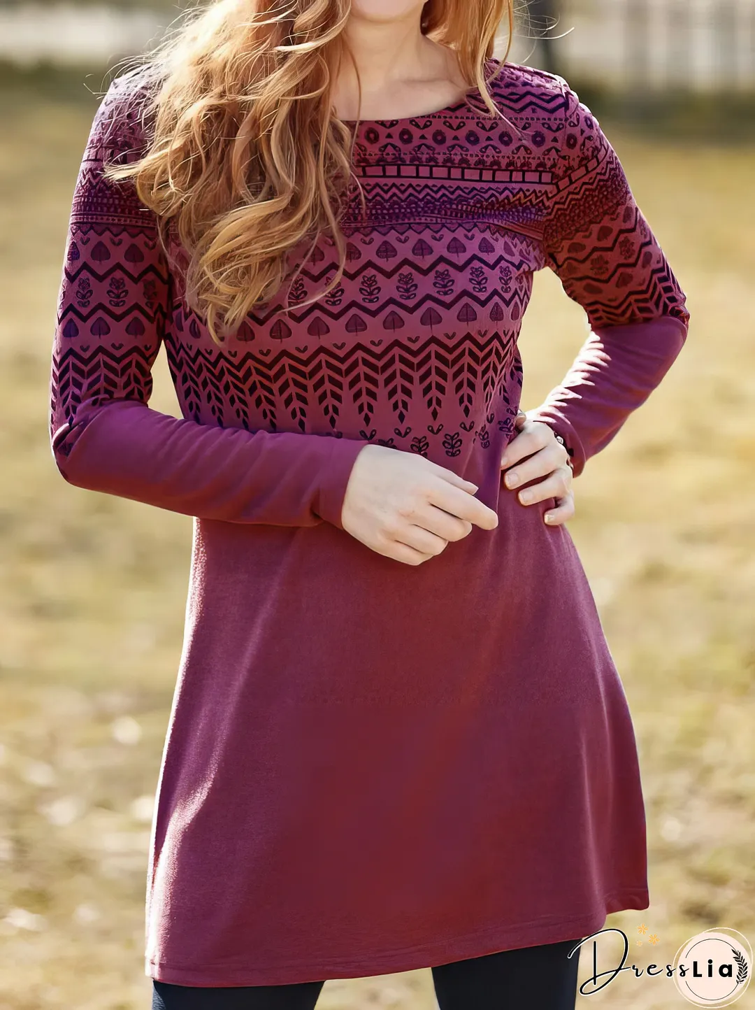 Vintage Printed Round Neck Long Sleeve Dress