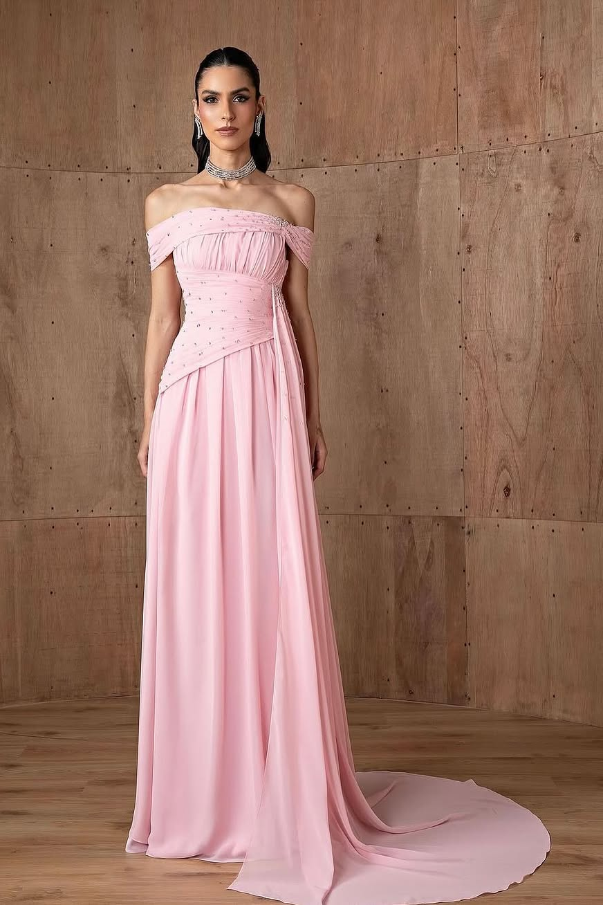 Daisda Pink Sleeveless Off-Shoulders Strapless Square Beads Prom Dress