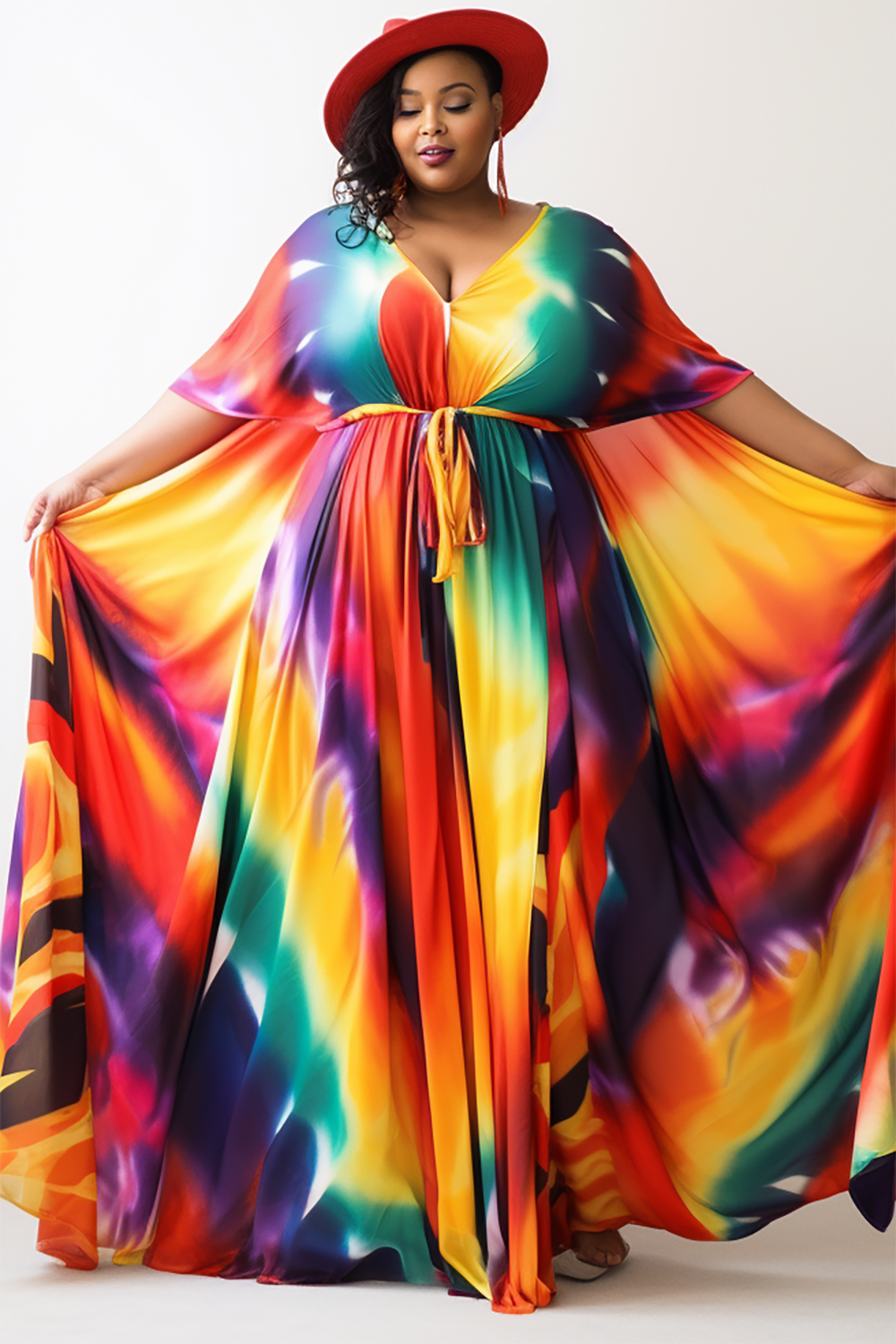 Design Plus Size Beach Rainbow Tie Dye Spring Summer V Neck Half Sleeve Wrap Knitted Maxi Dresses [Pre-Order]