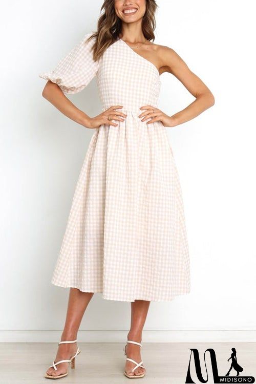 MidiSono - Plaid Puff One Shoulder Midi Dress
