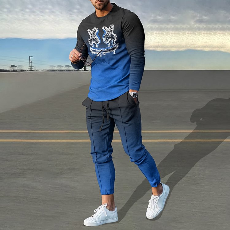 Blue Gradient Print Smiley Long Sleeve T-Shirt And Pants