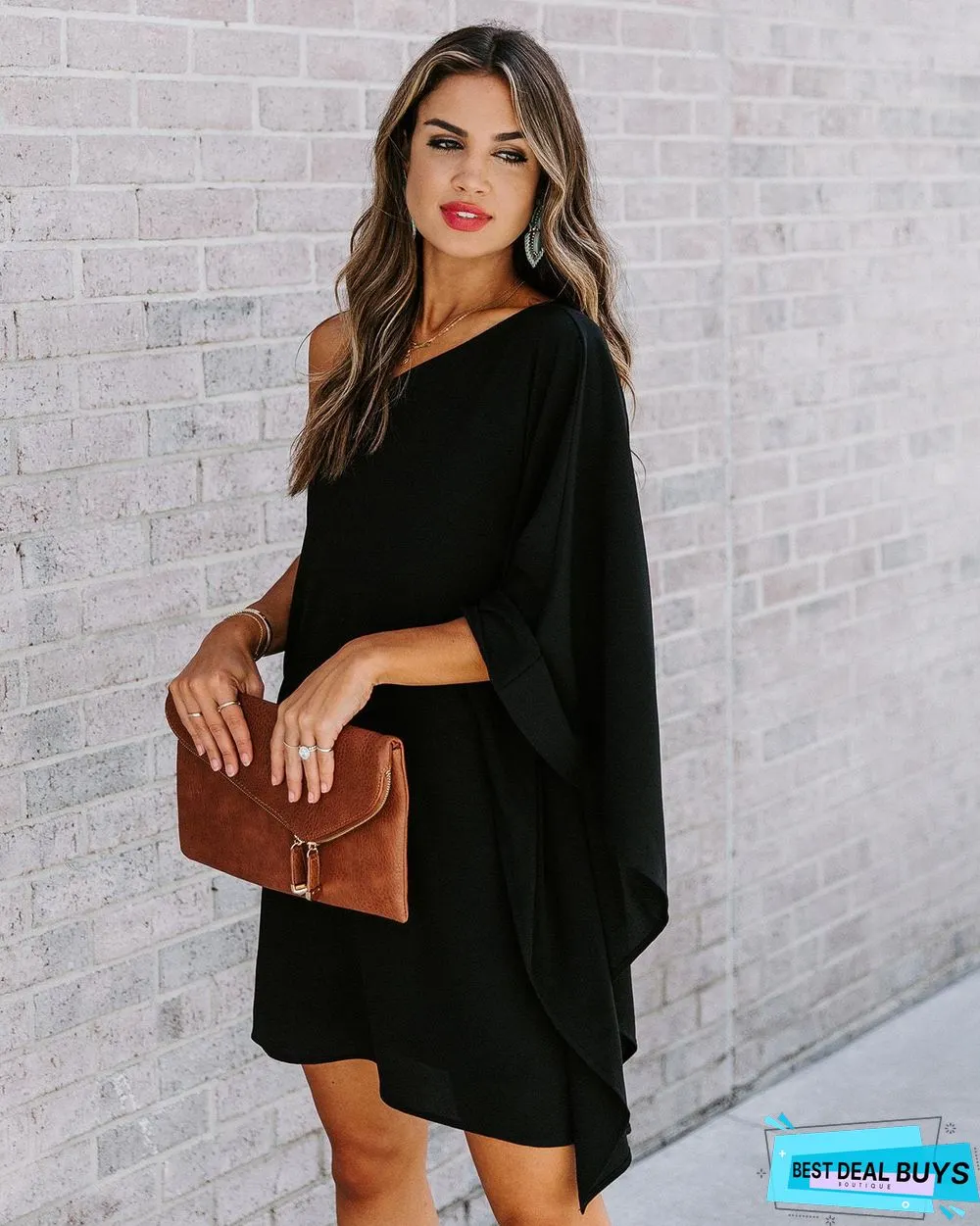 Lotus Leaf Sleeve Dress Loose Temperament Sexy One-Shoulder Solid Color Skirt