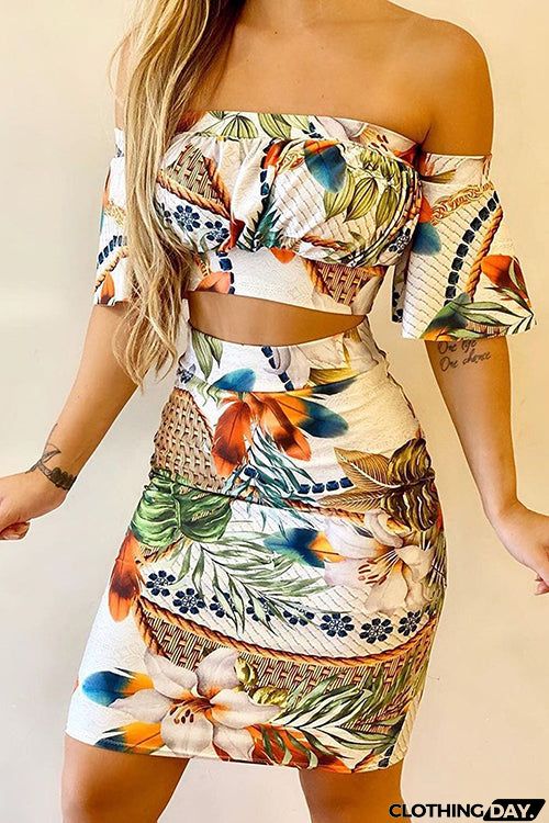 Print Off Shoulder Bodycon Skirt Set