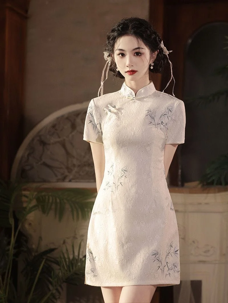 Bamboo pattern, lace short Cheongsam