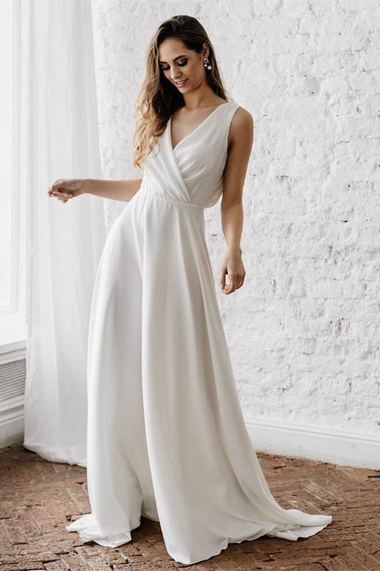 V-Neck Sleeveless Long Wedding Dress PD0346