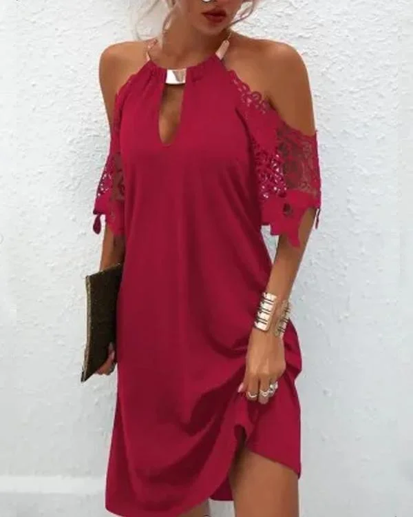 Metal Hanging Neck Hollow Out Sleeve Dress