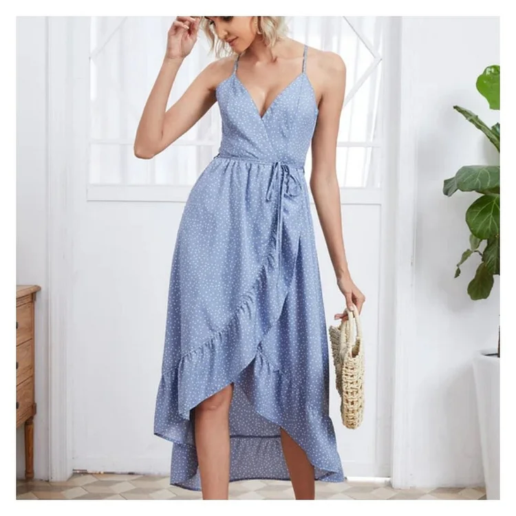 Women's Fashion Solid Color Deep V Backless Print Irregular Hem Midi Dress