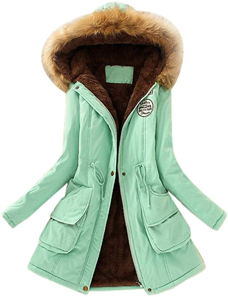 Women Coats Winter, Womens Warm Long Coat Fur Collar Hooded Jacket Slim Parka Outwear