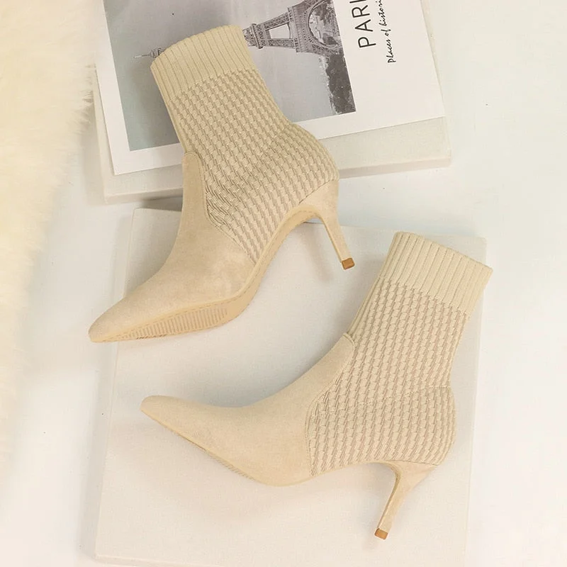 2021 Winter Sock Boots Sexy Knitting Stretch Boots High Heels for Women Fashion Shoes Female Stripe Autumn Ankle Boots Booties