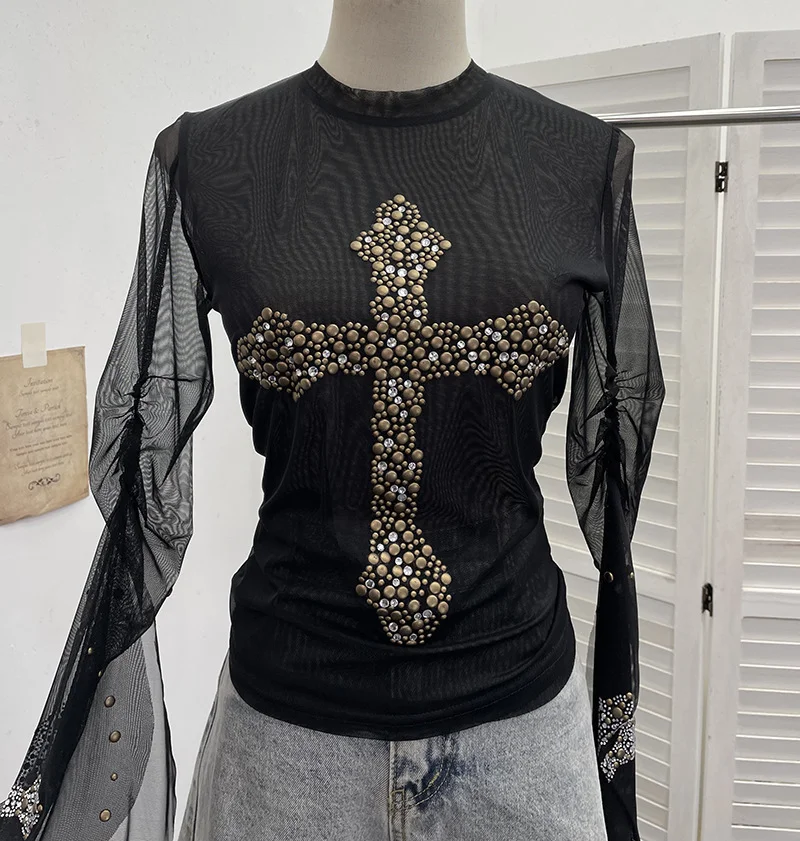 Nigikala Nigikala Shooting Heavy Industry Design Sense Cross Rivet Water Drill Waste Soil Horn Sleeve Double Mesh Yarn Trinket 2706