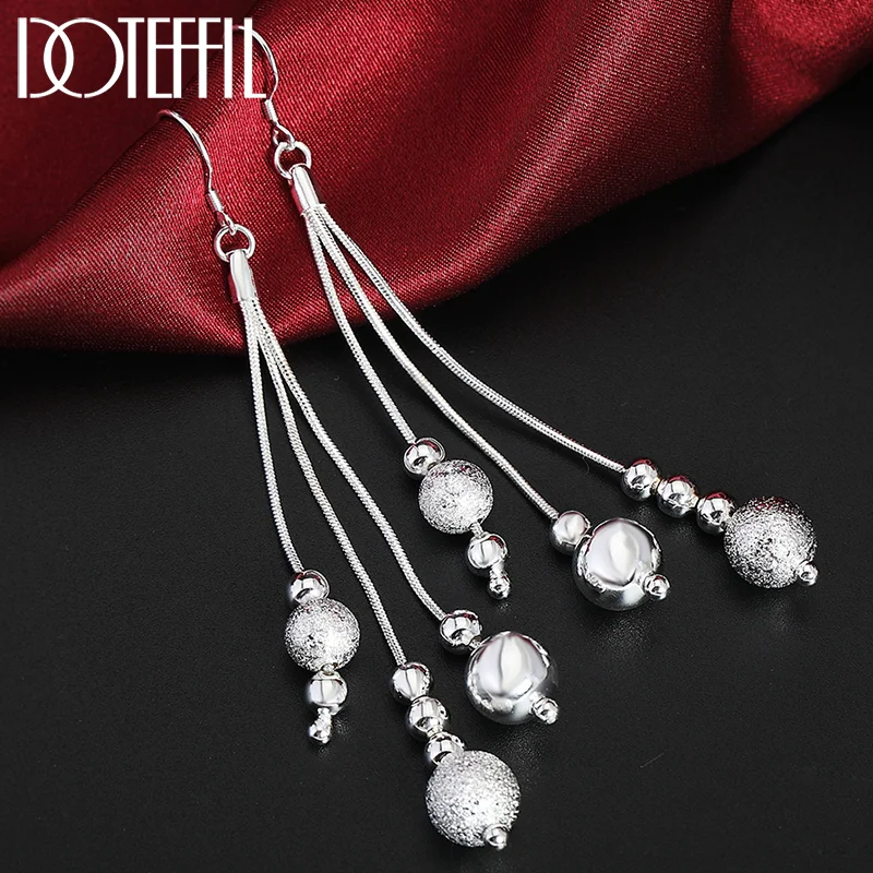 DOTEFFIL 925 Sterling Silver Three-Line Multi-Bead Earrings Woman Frosted Beads Earrings Jewelry