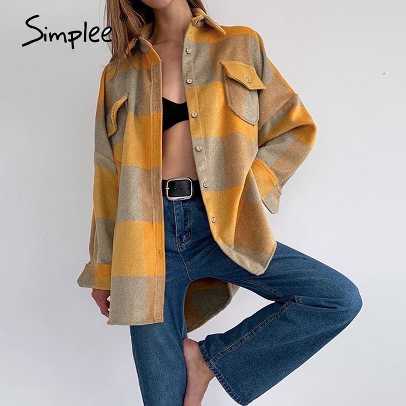 Simplee Streetwear loose plaid shirt jacket ladies Casual autumn women coat female shirt Buttons pockets tweed short coats 2020