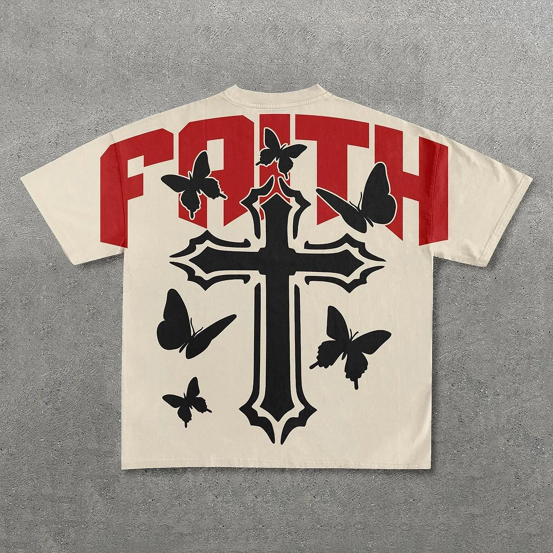 Faith Cross Butterfly Print Short Sleeve T-Shirt