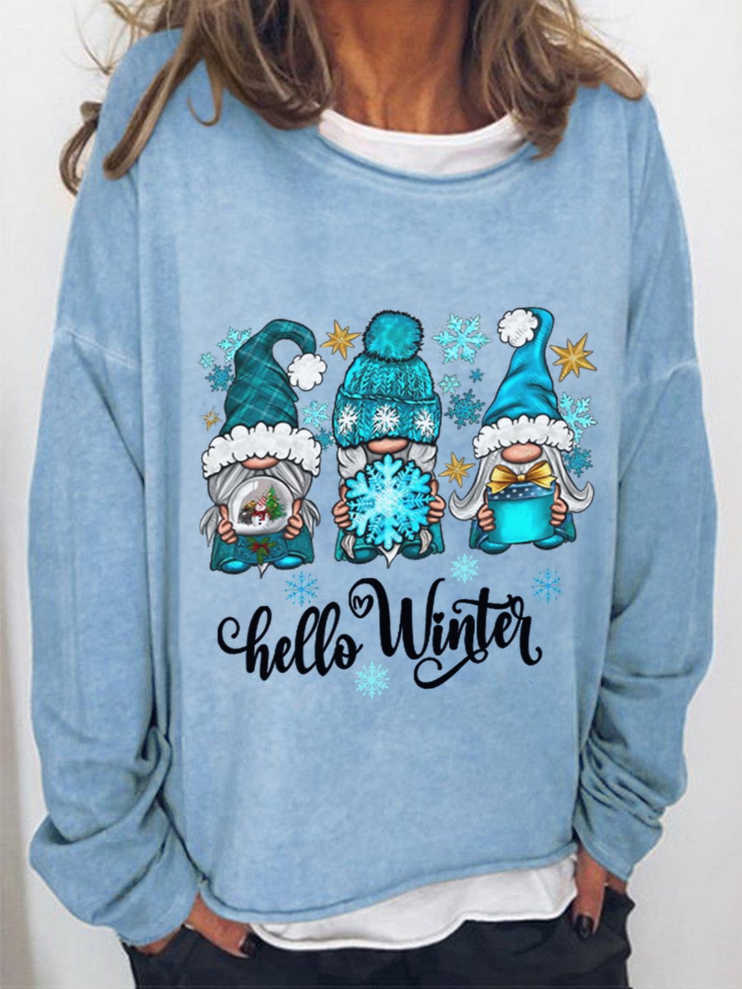 Hello Winter Gnome Print Crew Neck Shirt