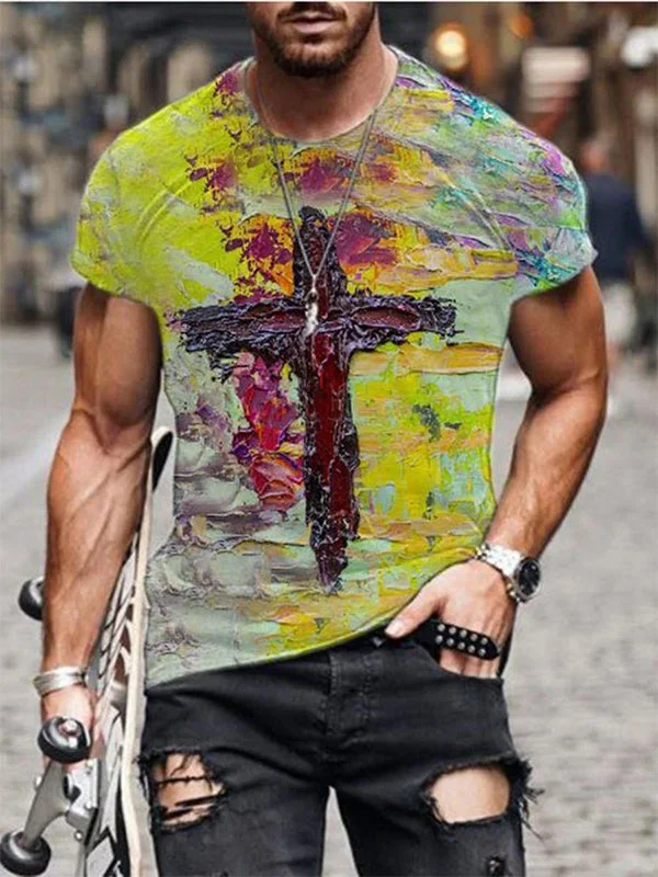 Cross Paint Printed Round Neck Loose T-shirt