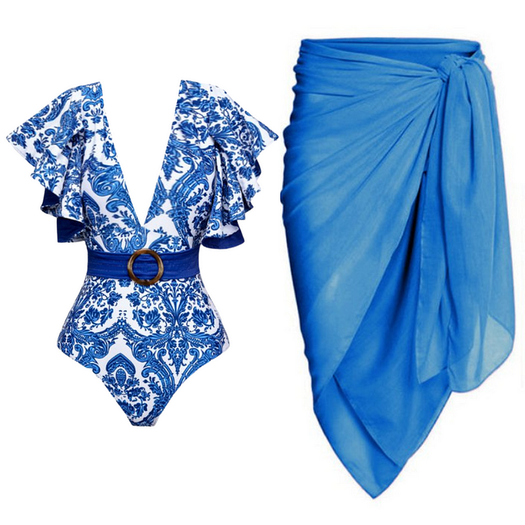 Deep V Ruffle Belt Printed One Piece Swimsuit and Sarong Flaxmaker 