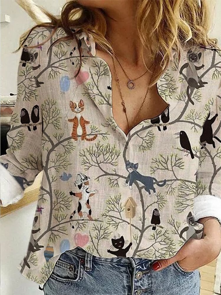 Cat Printed Long Sleeve Lapel Collar Blouse For Women P1775932