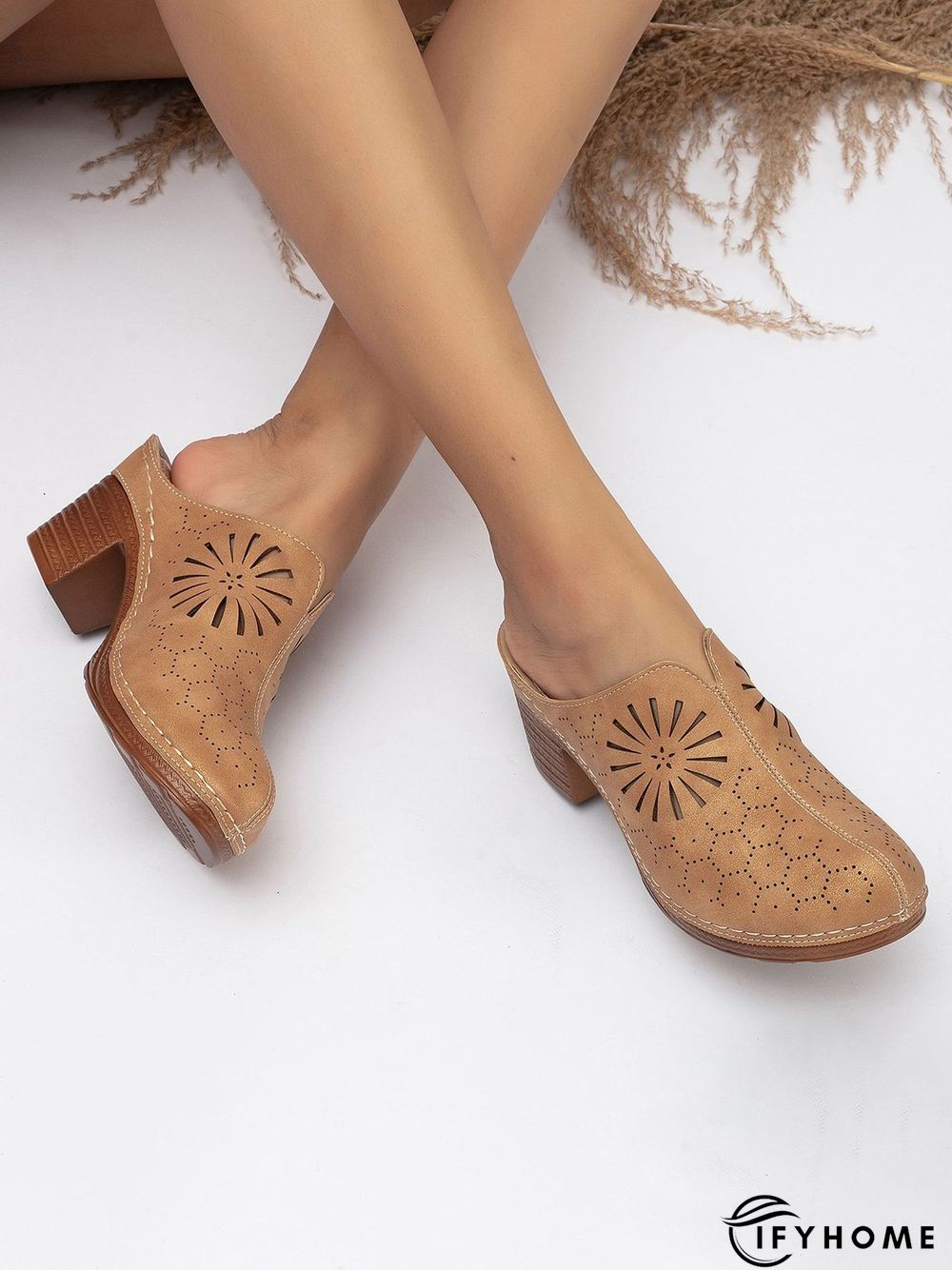 Vintage Plus Size Hollow out Chunky Heel Mules | IFYHOME