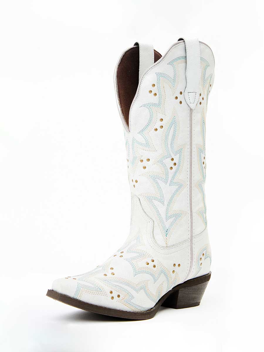 White Snip Toe Embroidered Pull-On Cowgirl Boots with Gold Studded