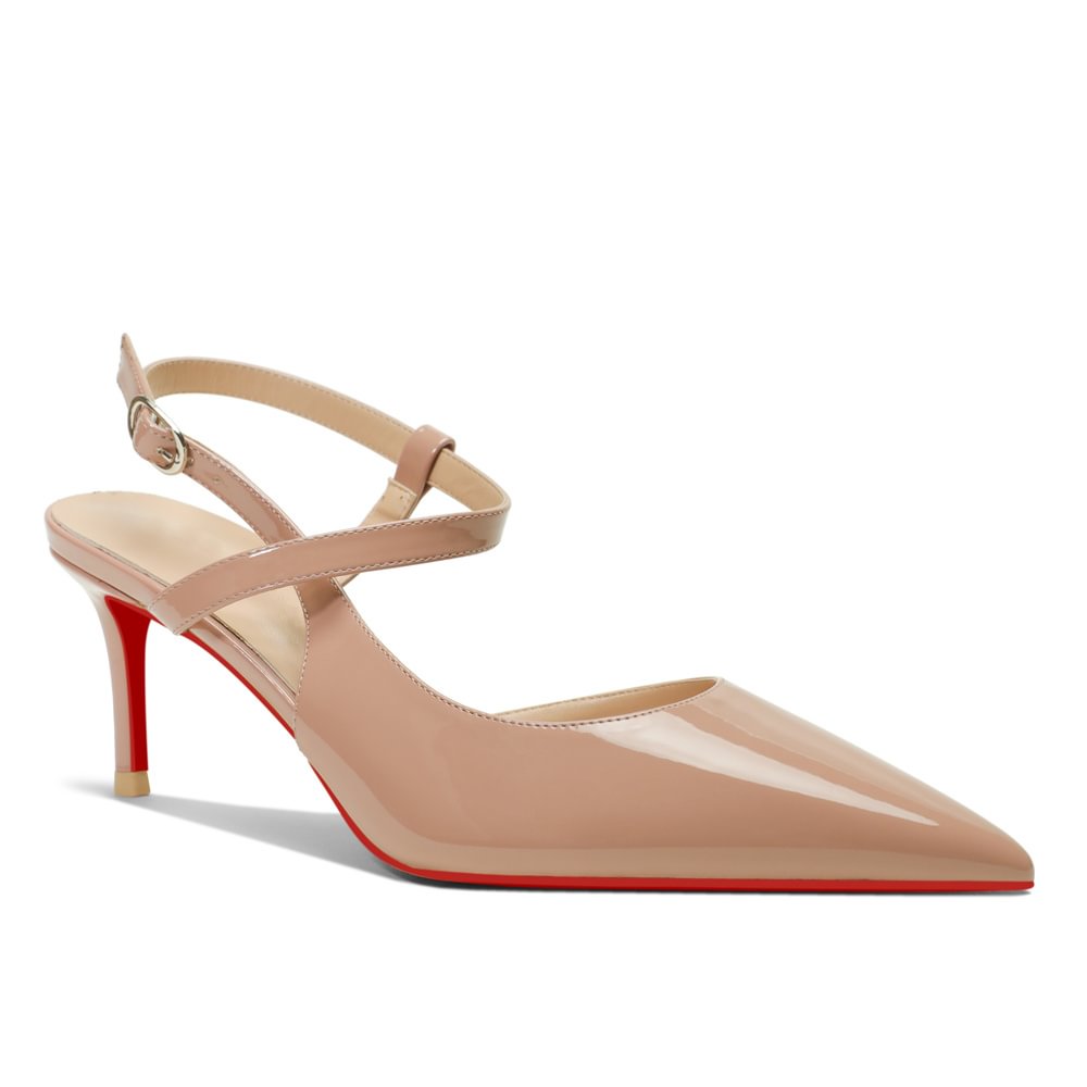65mm Women Slingback Red Bottom Pumps Ankle Strap Jenlove Stiletto Mid Heel Close Pointed Toe Dress Red Soles Sandals Shoes-MERUMOTE